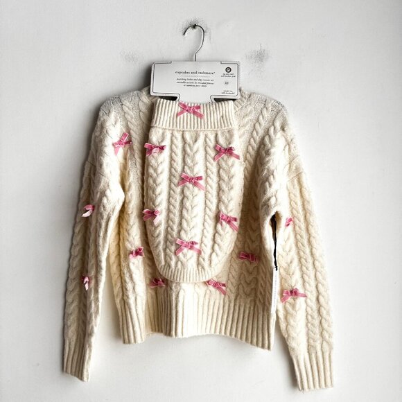 Cupcakes and Cashemre Sweaters - Cupcakes and CAshmere Ivory Pink Bow Sweater + Matching Dog Sweater Set XS